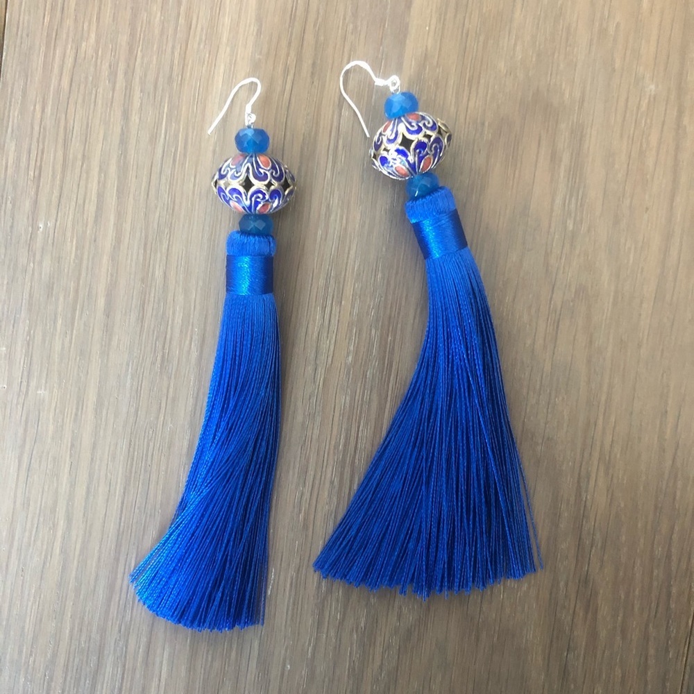 NEW 925 silver blue tassel dangling earrings cute chic unique gift